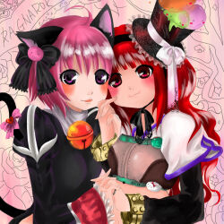 2girls :3 alice_(afternoon_gleam) animal_ears bad_source bell black_dress black_hairband black_hat blunt_bangs blush bow breast_press breasts brown_shirt cat_ears cat_girl cat_tail closed_mouth commentary_request crop_top dress hairband hat hat_bow holding_hands hunter_(ragnarok_online) interlocked_fingers jewelry jingle_bell juliet_sleeves long_hair long_sleeves looking_at_viewer medium_breasts multiple_girls neck_bell open_mouth pink_bow pink_eyes pink_hair poring priest_(ragnarok_online) puffy_sleeves ragnarok_online red_eyes red_hair ring shirt short_hair smile symmetrical_docking tail tail_bow tail_ornament top_hat upper_body white_bow