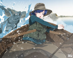 boat fish fishing hat miki_(viper) r3dfive rowboat short_hair viper_(series) viper_ctr watercraft