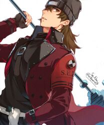 Rule 34 | 1boy, aragaki shinjirou, arm belt, arm up, armband, artist name, beanie, belt, belt buckle, black hat, black shirt, brown eyes, brown hair, buckle, chest belt, coat, commentary, hat, highres, holding, holding weapon, long sleeves, looking to the side, male focus, medium hair, parted lips, persona, persona 3, red armband, red coat, s.e.e.s, shirt, sideways glance, simple background, soc nau, solo, turtleneck, two-sided coat, two-sided fabric, weapon, white background