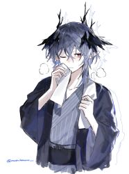 Rule 34 | 1boy, arknights, bath yukata, blue kimono, grey hair, haori, head wings, highres, horns, japanese clothes, kimono, logos (arknights), male focus, motoharu (motoharuuuu), official alternate costume, one eye closed, pointy ears, red eyes, short hair, simple background, solo, striped clothes, striped kimono, towel, towel around neck, twitter username, vertical-striped clothes, vertical-striped kimono, white background, wings, yukata
