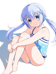 bare_arms bare_legs barefoot blue_eyes blue_hair blue_one-piece_swimsuit casual_one-piece_swimsuit collarbone flat_chest gochuumon_wa_usagi_desu_ka? hair_between_eyes hair_ornament highres hugging_own_legs kafuu_chino kec_(kc0611) long_hair looking_at_viewer official_alternate_costume one-piece_swimsuit parted_lips polka_dot polka_dot_swimsuit shadow simple_background sitting swimsuit twintails very_long_hair white_background x_hair_ornament