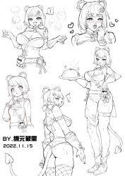 1girl absurdres alternate_body_size alternate_breast_size armpits bare_shoulders belt black_sclera bow braid braided_hair_rings breasts chicken_(food) chinese_clothes colored_sclera demon_tail eyeshadow fingerless_gloves flower food fruit genshin_impact gloves greyscale hair_bow hair_ornament hair_rings hairclip heart highres holding holding_tray large_breasts lemon lipstick_mark looking_at_viewer makeup monochrome open_mouth plump short_hair smile tail thick_thighs thighs tiyuanpoli translation_request tray v-shaped_eyebrows xiangling_(genshin_impact)