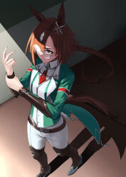 Rule 34 | 1girl, absurdres, animal ears, bakeneko38, braid, braided ponytail, brown eyes, brown hair, commentary, from above, full body, glasses, green jacket, grey footwear, high heels, highres, horse ears, horse girl, horse tail, ikuno dictus (umamusume), jacket, long hair, long sleeves, multicolored hair, necktie, pants, red necktie, round eyewear, solo, streaked hair, tail, umamusume, white hair, white pants