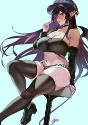 1girl aqua_background asymmetrical_sleeves azur_lane bare_shoulders black_choker black_hat black_shoes black_thighhighs breasts brown_hair cabbie_hat candy choker commission cosplay crop_top demon_tail demon_wings detached_sleeves double-parted_bangs food fur_trim gradient_hair hair_ornament hairclip hand_up hat holding holding_candy holding_food holding_lollipop ikuchan_kaoru jewelry large_breasts light_blush lollipop long_hair micro_shorts midriff multicolored_hair navel necklace noshiro_(azur_lane) noshiro_(azur_lane)_(cosplay) noshiro_(dressed-up_date)_(azur_lane) official_alternate_costume on_stool original penny_loafers pointy_ears purple_hair purple_nails red_eyes saliva saliva_trail shoes short_shorts shorts sidelocks simple_background single_detached_sleeve sitting skeb_commission skindentation solo stomach stool sunglasses tail thick_thighs thighhighs thighs tongue tongue_out very_long_hair wings
