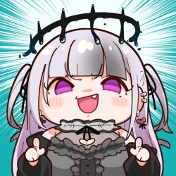 1girl :d blue_background blush_stickers chibi cleavage_cutout clothing_cutout commission ear_piercing earrings fang fingerprint grey_hair halo heart_cutout hoshi_tsugu indie_virtual_youtuber jewelry looking_at_viewer open_mouth piercing purple_eyes skeb_commission smile solo takato_kurosuke two_side_up virtual_youtuber