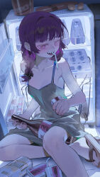 1girl absurdres bare_shoulders bocchi_the_rock! bottle braid breasts collarbone highres hiroi_kikuri holding holding_bottle medium_hair omurice_(304975636) open_mouth purple_eyes purple_hair sandals sharp_teeth sitting small_breasts smile solo teeth upper_teeth_only