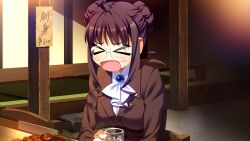 &gt;_&lt; 1girl ascot beer_mug blue_brooch breasts brooch brown_hair brown_jacket chair closed_eyes cup double_bun foam_on_face food fumio_(ura_fmo) game_cg glasses grisaia_(series) grisaia_no_rakuen hair_bun holding holding_cup indoors jacket jewelry large_breasts long_sleeves mug non-web_source official_art on_chair open_mouth shirt short_hair_with_long_locks sitting skewer solo suit_jacket tachibana_chizuru_(grisaia) variant_set white_ascot white_shirt
