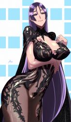1girl absurdres annimeone7 black_cape bodysuit breasts brown_bodysuit cape cleavage cleavage_cutout closed_mouth clothing_cutout fate/grand_order fate_(series) highres large_breasts long_hair looking_at_viewer minamoto_no_raikou_(fate) parted_bangs purple_eyes purple_hair solo very_long_hair