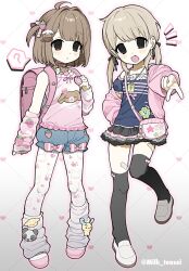 2000s_(style) :d ? ahoge arm_at_side artist_request backpack bag bandaid bandaid_on_leg bare_shoulders belt_collar black_eyes black_skirt black_thighhighs blonde_hair blue_shirt blue_shorts blue_sleeves blush blush_stickers bow bow_shorts brown_hair child choker clenched_hand collar commentary detached_sleeves dot_nose expressionless fang food-themed_hair_ornament food_print frilled_shirt frilled_skirt frills fruit_print full_body grid_background gyaru_v hair_ornament hairclip hand_on_own_hip hand_up hashtag-only_commentary heisei_retro highres jacket legs_apart long_hair long_sleeves looking_at_viewer loose_socks low_twintails medium_hair milk_(milk319319) miniskirt name_tag no_pupils omamori one_side_up open_clothes open_jacket open_mouth original pantyhose paw_print pink_bag pink_bow pink_choker pink_jacket pink_shirt pink_shoes pink_sleeves print_shirt randoseru shirt shoes short_sleeves shorts shoulder_bag skirt sleeveless sleeveless_shirt smile socks speech_bubble straight_hair strawberry_hair_ornament strawberry_print striped_clothes striped_shirt symbol-only_commentary thighhighs twintails twitter_username v white_background white_pantyhose white_shoes white_socks zettai_ryouiki