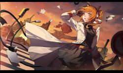 2girls a.i._voice absurdres adachi_rei amely_elden belt black_shirt black_skirt building cable cassette_player cloud coat crosswalk gloves grey_shirt hair_ribbon hairband highres kasane_teto kasane_teto_(sv) letterboxed long_sleeves multiple_girls netsu_ijou_(utau) open_clothes open_coat open_mouth orange_eyes orange_hair outdoors paper red_hair ribbon road_sign ruins shirt short_hair side_ponytail sign skirt solo_focus synthesizer_v traffic_light turtleneck usb_cable utau white_coat wind