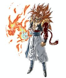 Rule 34 | 1boy, absurdres, aura, bare shoulders, black vest, blue eyes, body fur, brown fur, clenched hands, cropped vest, dragon ball, dragon ball gt, full body, gogeta, highres, long hair, metamoran vest, nazunnio1225, no shirt, pants, red hair, simple background, solo, spiked hair, super saiyan, super saiyan 4, vest, white background, white pants