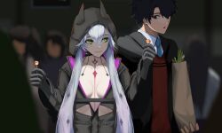 1boy 1girl black_hair black_hands black_hoodie black_jacket black_robe blue_necktie body_markings breasts candy cloak colored_extremities fate/grand_order fate_(series) food fujimaru_ritsuka_(male) fujimaru_ritsuka_(male)_(mage&#039;s_association_uniform) green_eyes grey_hair highres hood hooded_cloak hooded_robe hoodie jacket lilith_(fate) lilith_(first_ascension)_(fate) lollipop long_hair long_sleeves necktie official_alternate_costume paperpillar red_sweater robe shirt short_hair smile sweater twintails
