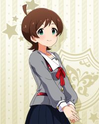 1girl ahoge black_skirt breasts brown_hair buttons collar collarbone cowboy_shot dot_nose flipped_hair green_eyes grey_serafuku grey_shirt idolmaster idolmaster_million_live! idolmaster_million_live!_theater_days junior_high_schoolmate_(idolmaster) kinoshita_hinata light_blush light_smile long_sleeves looking_at_viewer neck_ribbon official_alternate_costume official_art own_hands_together plaid_clothes plaid_collar pleated_skirt red_ribbon ribbon school_uniform serafuku shirt short_hair sidelocks skirt small_breasts solo star_(symbol) star_symbol_background white_collar