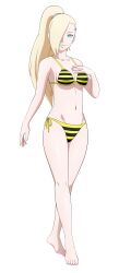 Rule 34 | 1girl, absurdres, barefoot, bikini, blonde hair, blue eyes, boruto: naruto next generations, breasts, cleavage, collarbone, hair ornament, hair over one eye, hairclip, hands on own breasts, highres, legs, long hair, looking at viewer, mature female, medium breasts, naruto (series), side-tie bikini bottom, smile, solo, striped bikini, striped clothes, swimsuit, thighs, toadd95, yamanaka ino