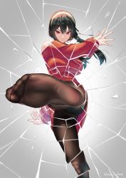 1girl akaza black_hair breasts broken_glass commentary_request crack cracked_glass drawing_tablet dress earrings feet foot_focus foot_out_of_frame foreshortening glass gold_earrings gradient_background grey_background hairband hand_up highres jewelry kicking incoming_kick large_breasts leg_up looking_at_viewer mixed-language_commentary no_shoes off-shoulder_sweater off_shoulder pantyhose red_dress red_sweater shadow shattered short_hair_with_long_locks soles solo spy_x_family sweater sweater_dress thighs through_medium through_screen toes twisted_torso twitter_username yor_briar