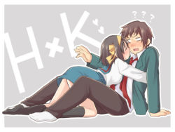 1boy 1girl black_socks blazer blue_sailor_collar blue_skirt blush border brown_eyes brown_hair commentary_request embarrassed full_body green_jacket grey_background hair_ribbon hairband hetero imminent_kiss jacket kita_high_school_uniform kneehighs kyon long_sleeves necktie open_clothes open_jacket red_necktie ribbon sailor_collar school_uniform serafuku shirt short_hair simple_background sitting skirt socks suzumiya_haruhi suzumiya_haruhi_no_yuuutsu taiki_(6240taiki) white_border white_shirt white_socks yellow_hairband yellow_ribbon