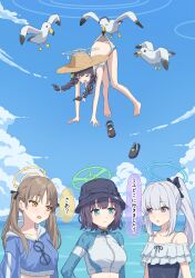 4girls absurdres bare_arms bare_legs barefoot bikini bikini_bottom_pull bird black_ribbon blue_archive blue_bow blue_eyes blue_headwear blue_one-piece_swimsuit blue_sky bow braid bucket_hat casual_one-piece_swimsuit cloud collarbone commentary crocs crying day doodle_sensei_(blue_archive) feet flying green_eyes hair_bow hair_ribbon halo hat highres legs long_hair looking_at_another low_twin_braids miyako_(blue_archive) miyako_(swimsuit)_(blue_archive) miyu_(blue_archive) miyu_(swimsuit)_(blue_archive) moe_(blue_archive) moe_(swimsuit)_(blue_archive) multiple_girls ocean official_alternate_costume one-piece_swimsuit outdoors ponytail pulling_another&#039;s_clothes rabbit_platoon_(blue_archive) rash_guard ribbon saki_(blue_archive) saki_(swimsuit)_(blue_archive) sandals seagull sensei_(blue_archive) short_hair simoumi_217 sky speech_bubble sunlight swimsuit tears toes twin_braids twintails water wedgie white_ribbon yellow_eyes