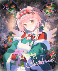 1girl absurdres ahoge animal_ears arknights blue_bow blush bow braid cat_ears cat_girl christmas_wreath detached_sleeves floppy_ears floral_print flower fur-trimmed_sleeves fur_trim goldenglow_(arknights) goldenglow_(maiden_for_the_bright_night)_(arknights) green_bow green_sleeves hair_bow hair_ornament hairband head_tilt highres layered_sleeves long_hair long_sleeves looking_at_viewer merry_christmas official_alternate_costume pink_hair poinsettia print_hairband red_bow red_hairband red_shirt shirt smile solo upper_body wreath wyc_zz x_hair_ornament yellow_eyes