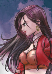 1girl absurdres aira_(dq7) black_eyes black_hair breasts cleavage collarbone dragon_quest dragon_quest_vii highres large_breasts leather_shirt long_hair looking_away looking_to_the_side midriff pekuchin_(pekuchin_3) red_vest solo vest