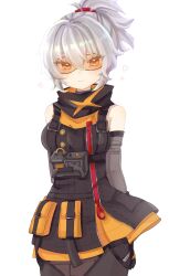 1girl absurdres bare_shoulders black_gloves closed_mouth gloves goggles grey_hair hair_between_eyes highres looking_at_viewer orange_eyes ponytail short_hair simple_background soldier_11_(zenless_zone_zero) solo tinted_eyewear white_hair yellow-tinted_eyewear yu_(pixiv_91499083) zenless_zone_zero