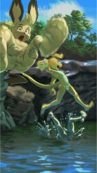 3boys anus apis armpits blonde_hair cannonball completely_nude day dimples dunsparce feet furrification furry gen_2_pokemon highres jumping male_focus monster_boy multiple_boys nintendo nude pectorals penis pichu pokemon pokemon_(creature) presenting shota tail testicles tree