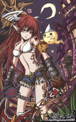 1girl axe belt belt_buckle belt_pouch bikini bikini_top_only blue_belt blue_shorts breasts brown_belt buckle cleavage closed_mouth commentary_request cowboy_shot crescent_moon cross feathered_wings fur-trimmed_shorts fur_trim ghost gibbet grass head_wings highres holding holding_axe house jack-o&#039;-lantern kom_(water0371) leg_tattoo long_hair looking_at_viewer lude_(ragnarok_online) medium_breasts midriff midriff_tattoo moon navel night outdoors pointy_ears pouch pumpkin purple_sky quve_(ragnarok_online) ragnarok_online red_eyes red_hair short_shorts shorts shoulder_tattoo sky smile solo star_(symbol) swimsuit tattoo thigh_belt thigh_strap triangular_headpiece white_bikini white_wings whitesmith_(ragnarok_online) wings