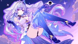 1girl alternate_costume breasts bridal_veil cloud commentary dress earrings english_commentary finn_flint full_body genshin_impact hair_between_eyes highres invisible_chair jewelry large_breasts long_hair night night_sky parted_lips prosthesis red_eyes sitting skirk_(genshin_impact) sky sleeveless sleeveless_dress solo star_(sky) starry_sky thighs tiara veil very_long_hair white_hair white_veil