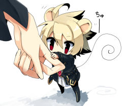 ahoge animal_ears bad_id bad_pixiv_id black_hair blonde_hair chibi kido_hyde jacket kemonomimi_mode male_focus mini_person miniboy mouse_ears mouse_tail multicolored_hair red_eyes short_hair solo_focus tail two-tone_hair under_night_in-birth yusano