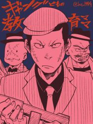 ._. 3boys bald batten-chan_(osomatsu-kun) boss_with_education_mother_(osomatsu-kun) bow bowtie buck_teeth clenched_teeth facial_hair facial_scar formal_clothes frown gangster gun holding holding_gun holding_weapon male_focus multiple_boys mustache osomatsu-kun osomatsu_(series) red_theme scar scar_on_cheek scar_on_face straight-on striped_suit suit tamago_toji teeth tetsu_the_killer_(osomatsu-kun) thick_eyebrows v-shaped_eyebrows weapon