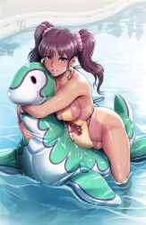 Rule 34 | 1futa, blush, bracelet, breasts, brown hair, bulge, covered erect nipples, cum, cum in clothes, earrings, erection, erection under clothes, futanari, grin, hair ornament, highres, inflatable toy, jewelry, kakugari kyoudai, large breasts, long hair, looking at viewer, nipple cutout, nipple slip, nipples, one-piece swimsuit, one-piece tan, original, partially submerged, penis, pool, poolside, shiny skin, smile, solo, swimsuit, tan, tanline, testicles, twintails, water, wet, yellow one-piece swimsuit