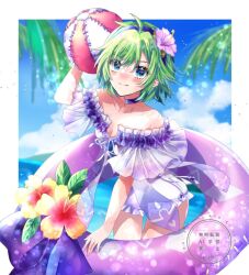 1girl ball bare_shoulders beachball blue_choker blue_eyes breasts choker cleavage collarbone fire_emblem fire_emblem:_the_blazing_blade fire_emblem_heroes flower green_hair hair_flower hair_ornament holding holding_ball holding_beachball holding_swim_ring innertube looking_at_viewer nino_(fire_emblem) nino_(summer)_(fire_emblem) nintendo official_alternate_costume one-piece_swimsuit purple_choker purple_innertube short_hair small_breasts smile solo swim_ring swimsuit white_one-piece_swimsuit yuyu_(spika)