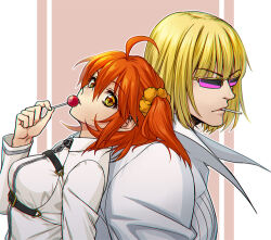 1boy 1girl ahoge back-to-back blonde_hair candy cigarette fate/grand_order fate_(series) food from_side fujimaru_ritsuka_(female) hair_between_eyes hair_ornament hair_scrunchie holding holding_candy holding_food holding_lollipop jacket leaning_on_person lollipop parted_lips sakata_kintoki_(fate) scrunchie shirt smoking sunglasses tinted_eyewear white_jacket white_shirt yellow_eyes zanshi