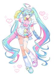 1girl ahoge apron arm_up arm_warmers asymmetrical_footwear bandaid bandaid_on_leg blush closed_mouth colored_shoe_soles fishnet_thighhighs fishnets frilled_apron frilled_hairband frills full_body green_eyes green_hair green_shoes hairband hashtag-only_commentary hatsune_miku headphones headphones_around_neck highres jacket jersey_maid long_hair looking_at_viewer loose_socks maid mismatched_footwear multicolored_hair pink_hair pink_jacket pink_shoes pink_shorts shoes short_sleeves shorts simple_background single_thighhigh smile socks solo standing thigh_strap thighhighs track_jacket twintails two-tone_hair unconventional_maid urata_asao very_long_hair vocaloid white_apron white_background white_hairband white_socks