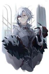 Rule 34 | 1girl, arlecchino (genshin impact), black hair, breasts, coat, commentary request, earrings, genshin impact, grey coat, grey hair, haru same322, highres, jewelry, long hair, medium breasts, multicolored hair, parted lips, revision, solo, streaked hair, upper body