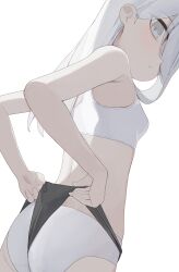 1girl ass black_shorts blush bra breasts eyes_visible_through_hair from_behind grey_eyes hair_over_one_eye highres hiroki_(yyqw7151) long_hair looking_at_viewer looking_back original panties self_wedgie shorts simple_background small_breasts standing underwear wedgie white_background white_bra white_hair white_panties