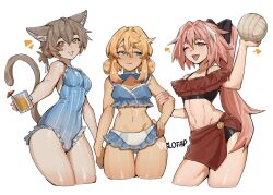 1boy 3boys alohapz animal_ears artist_name astolfo_(fate) bare_shoulders bikini blonde_hair blue_eyes blue_one-piece_swimsuit blush bridget_(guilty_gear) brown_hair bulge cat_boy cat_ears cat_tail fate_(series) felix_argyle frilled_bikini frilled_one-piece_swimsuit frills guilty_gear guilty_gear_strive highres looking_at_viewer multiple_boys one-piece_swimsuit pink_hair pinstripe_pattern re:zero_kara_hajimeru_isekai_seikatsu ribbon short_hair simple_background smile striped_clothes swimsuit tail trap vertical-striped_clothes white_background
