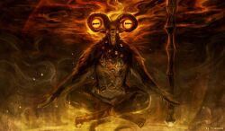 1other colored_sclera disembodied_eye elden_ring elden_ring_nightreign extra_eyes facing_viewer fire full_body goat_horns highres hooves horizontal_pupils horns in-universe_location libra_(elden_ring) looking_at_viewer mage_staff meditation monster monster_focus solo temmaru1 yellow_sclera