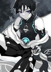 Rule 34 | 1boy, absurdres, arms at sides, belt, blunt ends, bodysuit, bow, cape, closed mouth, covered collarbone, eyelashes, feathers, gem, genshin impact, glowing markings, greyscale, hakama, hakama shorts, highres, japanese clothes, kimono, looking at viewer, male focus, mandarin collar, monochrome, off shoulder, open clothes, open kimono, pleated shorts, pom pom (clothes), purple eyes, renkon 25251020, rope, scaramouche (genshin impact), shorts, solo, spot color, toned, toned male, tsurime, vision (genshin impact), wanderer (genshin impact), wispy bangs
