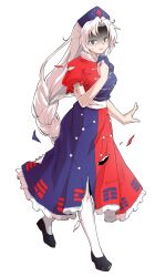 1girl arm_at_side black_shoes blue_dress blue_hat braid breasts collared_dress commentary_request constellation_print cross cross_print curtained_hair dairi defeat dress flats frilled_sleeves frills full_body grey_eyes half-closed_eyes hand_up hat highres large_breasts large_variant_set long_hair looking_at_viewer messy_hair multicolored_dress nurse_cap pantyhose parted_lips print_dress puffy_short_sleeves puffy_sleeves raised_inner_eyebrows red_cross red_dress scratches shaded_face shoes short_sleeves sidelocks simple_background single_braid solo sweatdrop tachi-e torn_clothes torn_dress touhou transparent_background variant_set very_long_hair walking white_hair white_pantyhose white_petticoat yagokoro_eirin