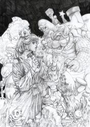 1girl ?_block armlet baseball_cap blooper_(mario) bob-omb bowser bullet_bill cataquack cheep_cheep codjax collar crown earrings eyelashes f.l.u.d.d. feet_out_of_frame goomba graphite_(medium) hat highres horns jewelry king_boo koopa_troopa long_sleeves luma_(mario) mario mario_(series) medium_hair monochrome nintendo parted_lips princess_peach profile puffy_sleeves scales sculpting shy_guy spiked_armlet spiked_collar spikes super_star_(mario) statue super_mushroom traditional_media waluigi wario warp_pipe yoshi