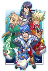 Rule 34 | 1girl, 3boys, aqua eyes, belt, bird, black hair, blonde hair, blue eyes, blue hair, bow, choker, crossed arms, dated, double bun, dress, english text, fingerless gloves, frills, gloves, green dress, grin, hair bun, hair ribbon, hands on own hips, highres, jewelry, lan ruobing, long hair, looking at viewer, multiple boys, mxnanase, one eye closed, open mouth, pants, penguin, puffy sleeves, purple hair, red eyes, ren yan (zhandou wang zhi jufeng zhan hun), ribbon, shoes, signature, smile, spiked hair, tian lei, ye feng (zhandou wang zhi jufeng zhan hun), yellow eyes, zhandou wang zhi jufeng zhan hun