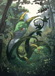 Rule 34 | blurry, blurry background, colored skin, forest, gen 5 pokemon, grass, green skin, highres, nature, nintendo, no humans, outdoors, plant, pokemon, pokemon (creature), red eyes, serperior, snake, solo, vines, volpecorvo
