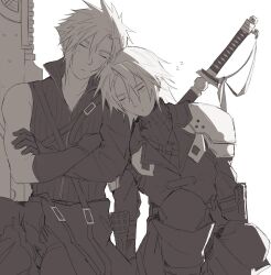 Rule 34 | 2boys, 777lycan, aged down, armor, belt, closed eyes, closed mouth, cloud strife, final fantasy, final fantasy vii, final fantasy vii advent children, final fantasy vii ever crisis, fusion swords, gloves, greyscale, high collar, highres, leaning on person, light blush, male focus, monochrome, multiple belts, multiple boys, pants, pauldrons, sephiroth, sephiroth (ever crisis), shirt, short hair, shoulder armor, single shoulder pad, sleeping, spiked hair, sword, sword on back, weapon, weapon on back, yaoi, zzz