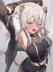 1girl animal_ears armpits arms_behind_head arms_up black_jacket black_nails black_shirt black_skirt breasts double-parted_bangs fur-trimmed_jacket fur_trim grey_eyes grey_hair halterneck highres hololive jacket jewelry kouchanthree large_breasts lion_ears lion_girl lion_tail long_hair looking_at_viewer midriff necklace one_eye_closed open_clothes open_jacket open_mouth shirt shishiro_botan shishiro_botan_(1st_costume) skirt sleeveless sleeveless_shirt solo squeans stretching tail upper_body virtual_youtuber yawning
