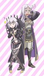 2girls alternate_costume ankle_boots annoyed artist_request aversa_(fire_emblem) boots breasts cleavage cosplay costume_switch dark-skinned_female dark_skin embarrassed facial_mark female_focus female_robin_(fire_emblem) female_robin_(fire_emblem)_(cosplay) fire_emblem fire_emblem_awakening full_body high_heel_boots high_heels hood hoodie japanese_text medium_breasts mother_and_daughter multiple_girls nintendo official_alternate_hair_color official_alternate_hairstyle short_hair standing tattoo white_hair wide_hips