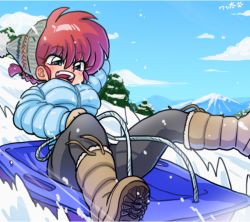 1girl :d blue_eyes blue_jacket blush boots braid cloud down_jacket female_focus genderswap genderswap_(mtf) grey_leggings hand_on_own_head jacket knit_hat leggings long_sleeves motion_lines mountain mountainous_horizon open_mouth puffy_jacket puffy_long_sleeves puffy_sleeves ranma-chan ranma_1/2 red_hair rope saotome_ranma shoe_soles single_braid sky sled sledding smile snow solo speed_lines tagme teeth toboggan tree upper_teeth_only wanta_(futoshi)