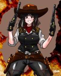 1girl absurdres artist_name bandana belle_(girls_und_panzer) belt belt_buckle black_belt black_eyes black_hair black_pants black_vest brown_belt brown_hat buckle collared_shirt commentary cowboy_shot dirty dirty_face dual_wielding girls_und_panzer grin gun handgun hat highres holding holding_gun holding_weapon holster long_sleeves looking_at_viewer medium_hair moesenyukikaze pants red_bandana revolver shirt signature sleeves_rolled_up smile solo standing vest weapon white_shirt