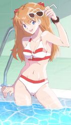 1girl alternate_costume bikini blue_eyes brown_hair curvy highres indoors long_hair looking_at_viewer multicolored_bikini navel neon_genesis_evangelion official_alternate_costume open_mouth pool_ladder shiny_skin solo souryuu_asuka_langley sunglasses_removed swimsuit two-tone_bikini unihotate0329 water wet wide_hips