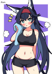 1girl absurdres alternate_costume animal_ears arknights black_hair black_shorts blaze_(arknights) blush breasts cat_ears cleavage hairband hendra highres large_breasts long_hair looking_at_viewer navel red_hairband shorts solo towel very_long_hair