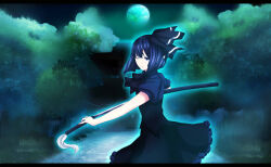 ako_(opelia) ascot aura black_ascot black_dress black_hairband black_ribbon drawing_sword dress frilled_skirt frills full_moon glowing hairband holding holding_sword holding_weapon katana konpaku_youmu landscape looking_at_viewer m.u.g.e.n moon moonlight night night_sky one_eye_closed purple_hair purple_sleeves ribbon sarashina_(mugen) scabbard sheath shrine skirt sky sword touhou tree weapon